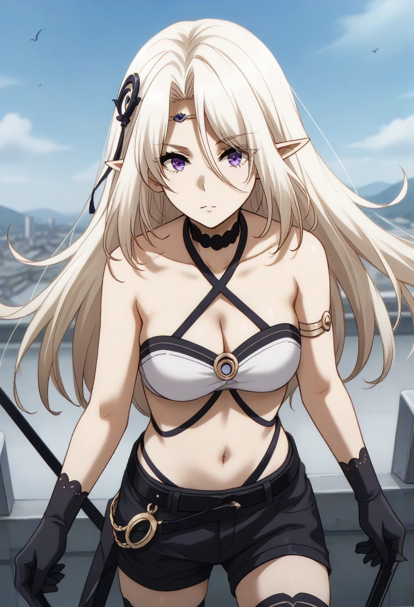 zPDXL3, score_9_up, score_8_up, score_7_up, (Anime_source), ,Manhwa-Artstyle,beatrix, long hair, bangs, purple eyes, white hair, pointy ears, elf, sheath, eyes visible through hair, hair ornament, thighhighs, gloves, navel, shorts, choker, black gloves, short shorts, black shorts, cleavage, bare shoulders, halterneck, criss-cross halter,
