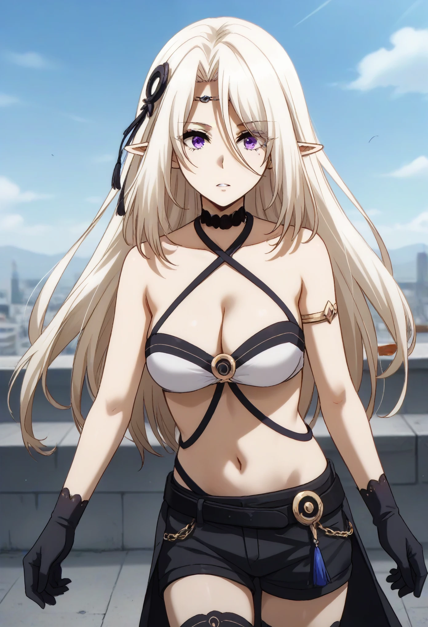 zPDXL3, score_9_up, score_8_up, score_7_up, (Anime_source), ,Manhwa-Artstyle,beatrix, long hair, bangs, purple eyes, white hair, pointy ears, elf, sheath, eyes visible through hair, hair ornament, thighhighs, gloves, navel, shorts, choker, black gloves, short shorts, black shorts, cleavage, bare shoulders, halterneck, criss-cross halter,