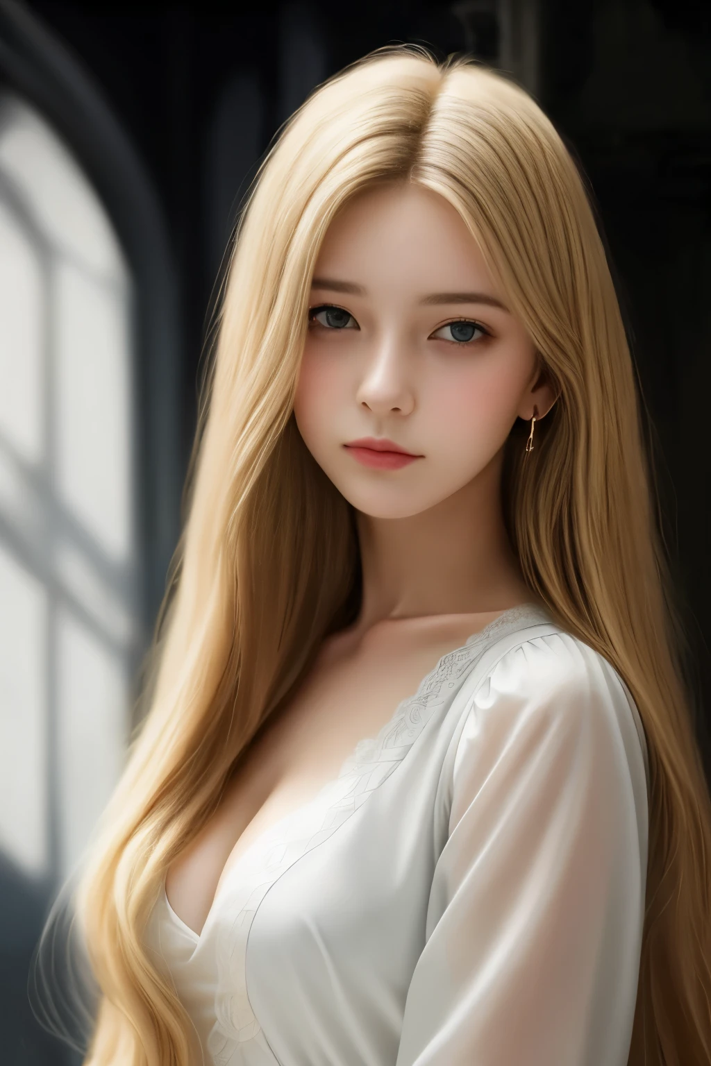 19 year old female, hd, realistic, soft features, hard lines, shadow, blonde, black eyes, dark energy, creepy, wearing a white victorian dress, posing in a dark attic, facing forward, dark shadows, 