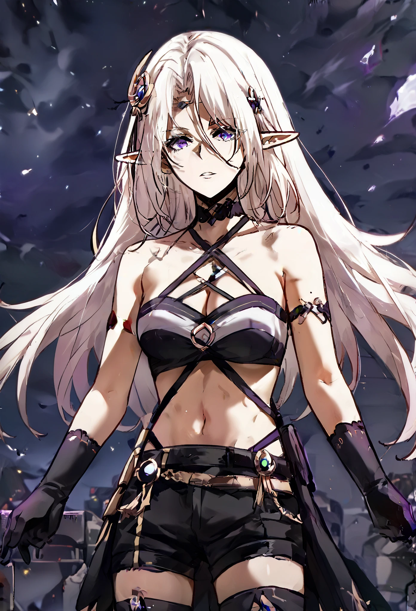 zPDXL3, score_9_up, score_8_up, score_7_up, (Anime_source), ,Manhwa-Artstyle,beatrix, long hair, bangs, purple eyes, white hair, pointy ears, elf, sheath, eyes visible through hair, hair ornament, thighhighs, gloves, navel, shorts, choker, black gloves, short shorts, black shorts, cleavage, bare shoulders, halterneck, criss-cross halter,
