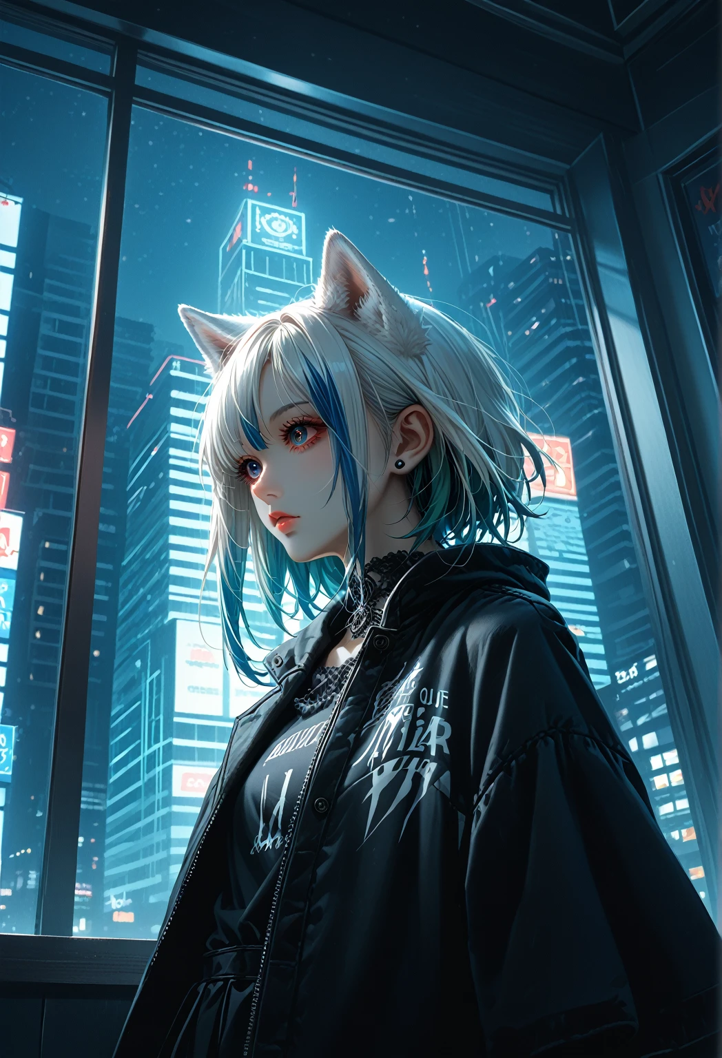 (masterpiece:1.2),

(best quality:1.2), 

(very aesthetic:1.2), (absurdres:1.2), (detailed background), newest,32k uhd, sharp focus, matured girl, wolf ears, wolf tail, solo, streetwear, cool, :), neon colored inner hair, :), fashion_model_posing, (dynamic angle:1.3), (indoor), (night cityscape through large window), high-rise building interior, leaning against a window, neon lights reflecting on the window, visible city lights in background, dim ambient lighting, beautiful composition, she's on the 20th floor, (dramatic_scene), neon_colors, score_9, score_8_up, score_7_up, score_6_up, source_anime, gothic, gothic style, gothic makup