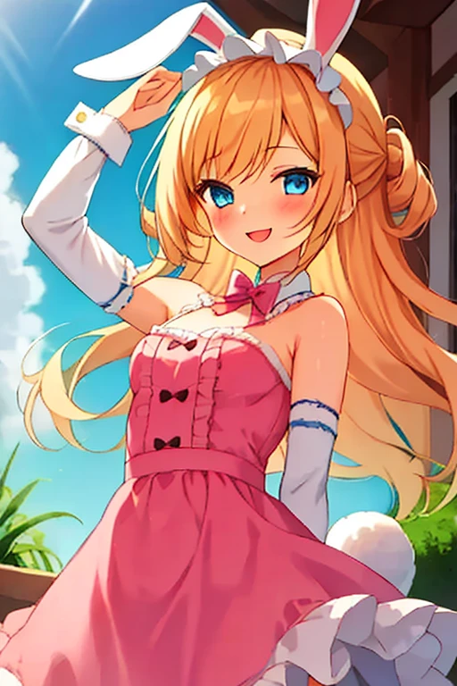 1girl, beautiful eye, smile, bunny girl, youthful, mischievous smile, thin eyebrows, frilly, ribbon-laden dress, pastel pink dress with layers of ruffles, light blue apron tied neatly, large bow at the back, blonde hair, long and curly, bright blue eyes, pose hugging a plush bunny, background of fluffy clouds and rainbows, pink cheeks flushed with delight, long lashes casting delicate shadows, oversized sleeves falling loosely around her wrists, small white bunny ears poking out from her curls, cute little button nose, bunny plush with soft, blue fur-like texture, hints of excitement in her eyes, fluffy tail made of soft white fur, whimsical ribbon headband in light blue holding back her curls, strands of hair glowing subtly with the reflected colors of the surrounding rainbows, ribbons from her dress fluttering in the breeze, puffiness of the pink dress adding a dreamy touch, soft pastel color palette lending a calm and serene atmosphere, playful and gentle expression radiating a sense of innocence and joy, fluffy clouds adding depth and texture to the scene, glimmers of sunlight filtering through the clouds, creating a soft, hazy aura around her, rainbow arching beautifully in the background, adding a touch of whimsy and magic to the composition, scene evoking a feeling of ish wonder and playfulness,