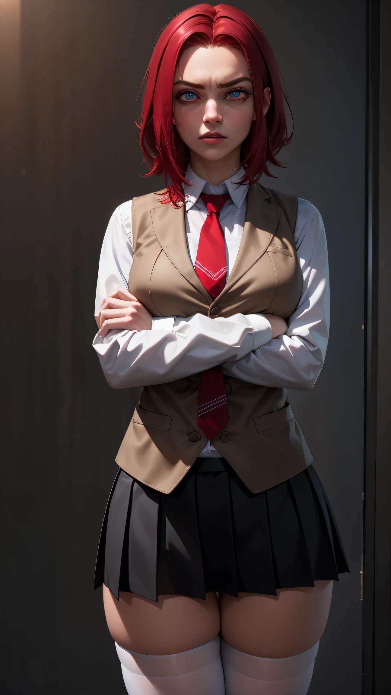 kallen stadtfeld, blue eyes, ((red hair:1.5)), short hair,
BREAK ((school uniform, red necktie, white shirt, pleated skirt, black skirt, white thighhighs, brown vest, long sleeves:1.5))
BREAK crossed arms,angry, pov,
BREAK (masterpiece:1.2), best quality, high resolution, unity 8k wallpaper, (illustration:0.8), (beautiful detailed eyes:1.6), extremely detailed face, perfect lighting, extremely detailed CG, (perfect hands, perfect anatomy),