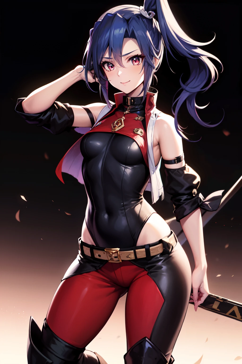 Beautiful Girl, Full body, Tousled Long blue hair left side Ponytail, red eyes with slit pupils, small breasts,  ((Pose Seductive:1.0)), Black eyeshadow, (street style wear:1.2), ((Tight-fitting red pants)), ((Knee High Leather Boots)), (dark city night black background:1.4),  (light_Smile:1.0), Dark makeup, Digital Art, Trending on ArtStation, Highly detailed, Fine detail, Convoluted, Beautiful detailed glow, Detailed, Cinematic Light, hight resolution, detailed facial features, Sharp Focus, Smooth, Aesthetic, sexy pose