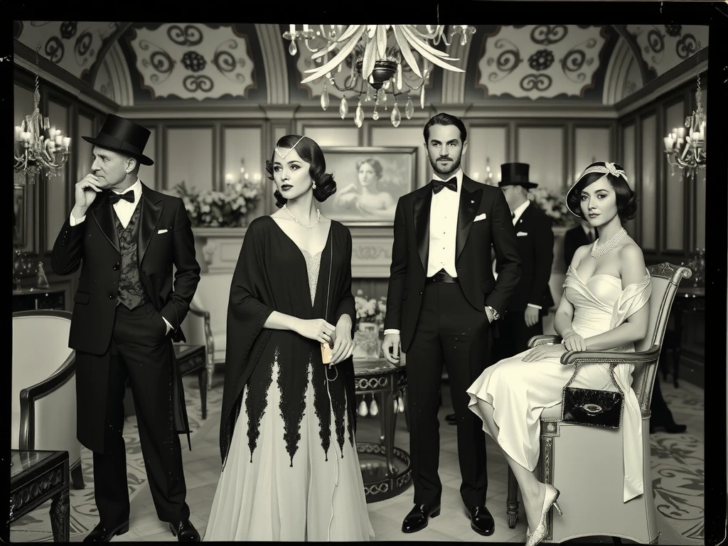 image type: RAW photo, monochrome, low quality, film grain
setting: fancy  in a luxurious mansion
time period: 1920s
style: art deco
subjects: men and women dressed to the nines in 1920s attire with 1920s hairstyles, (photo ruined, scratched and torn by time)