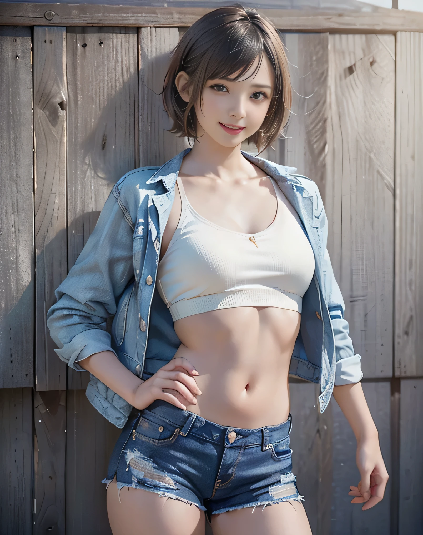 (Realistic:2.0),(High resolution:1.5),(1 girl:1.5),(solo:1.5),(ager:1.3),(young:1.3),(looking at the viewer),Small face,(Flat chest:1.5),short bob hair,bangs:1.2,(large eyes),(Realistic eyes),(smile:1.2),sexy,Cropped denim jacket,denim shorts,white Tank tops,Navel,Thighs,Below navel, small shorts:1.5,