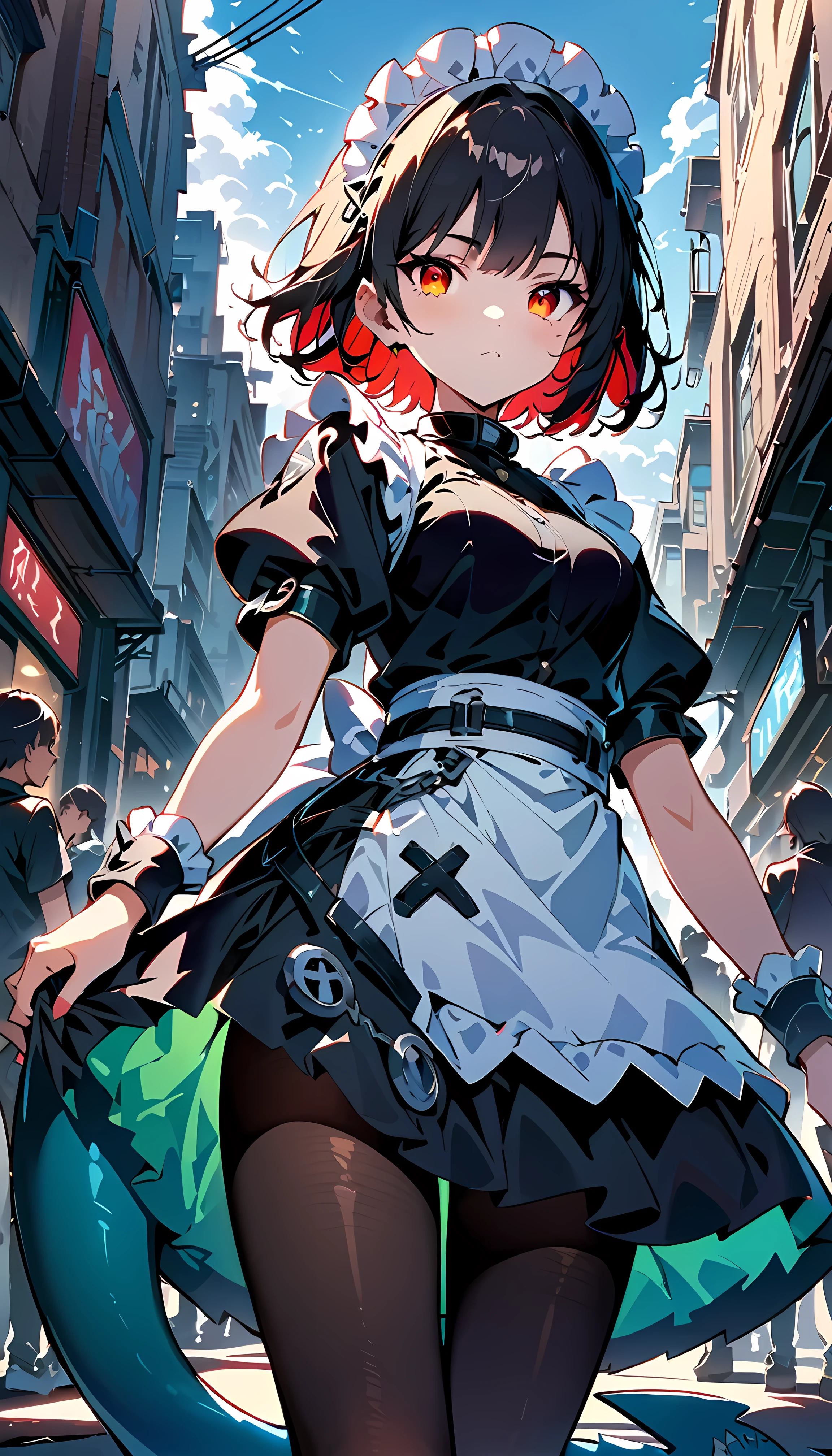 ugly jaw , anti-jaw , ugly jaw , Black Hair , colored undercoat , multicolo dark hair , (red eyes:1.3), Red Hair, short hair, Two-tone hair,
rest bapron, black pantyhose, black shirt, black skirt, ear punch, arrival, fish Tail, Maid, Maid apron, Maid headdress, pantyhose, punch, puffy Short sleeve, puff sleeve, Shark girl , shark Tail, shirt, Short sleeve, skirt, Tail, Two-tone hair, wrist sleeve ,
rest outdoors, city, null, cloud, sun, architecture, crowd, people々, alley,
rest looking at viewer, ( cowboy shooting :1.5),
rest (masterpiece:1.2), Best Quality, high definition, unity 8k Wallpaper , (Illustration:0.8), (beautiful deTailed eyes:1.6), extremely deTailed face, perfect lighting, extremely deTailed CG, (Perfect hands, perfect anatomical structure),