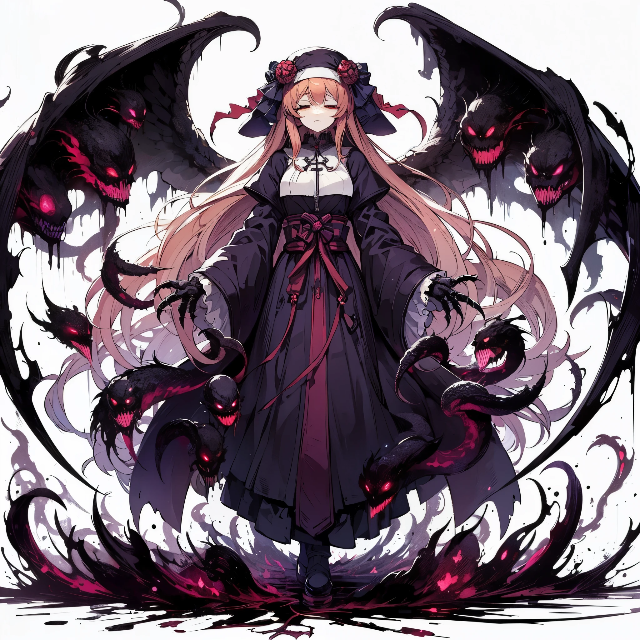 (masterpiece, Best Quality), (detailed hairs), Ultra-detailed, Anime style, Full body, Solo, very massive, muscular, Cyberpunk shadow maiden, light peach hair in a single braid, narrow eyes, sleepy standing, wearing Japanese nun’s habit, dark purple cyberpunk kimono, Eyes blazing with hellfire, limb changed huge claws and Devil's wings extending from the back. Shadows boiling and seething at Her feet, shadow hiding countless eyes and fanged maw, white background, whole body,
