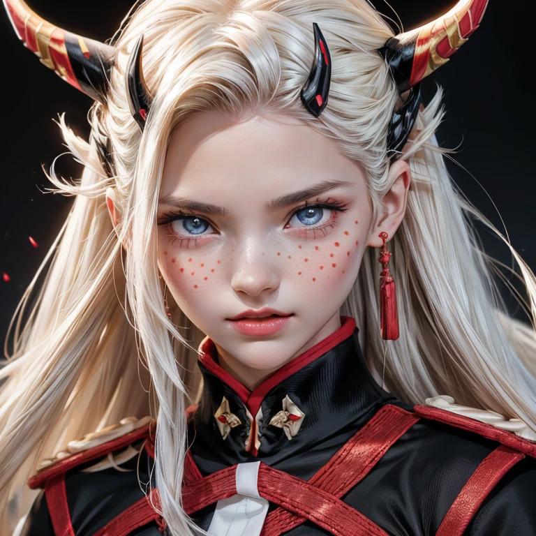 ( full body ),( female adolescent ), (sexy clothes), (perfect anatomy), (Ultra Detailed), (( best quality)),  a young girl with two horns on her forehead , with long white hair WITH RED STRANDS , , Your eyes are blue,  eyes with cleft pupil , Pointed ears, white pele, (( with two horizontal black spots under each eye)), she uses a,(((Chinese dress))) white clothes with red and black details ,(love-league),Black knee high socks, black ribbons on the arms ,  black bridal mittens , (( a series of horns on each side of the head )), (neutral background) 