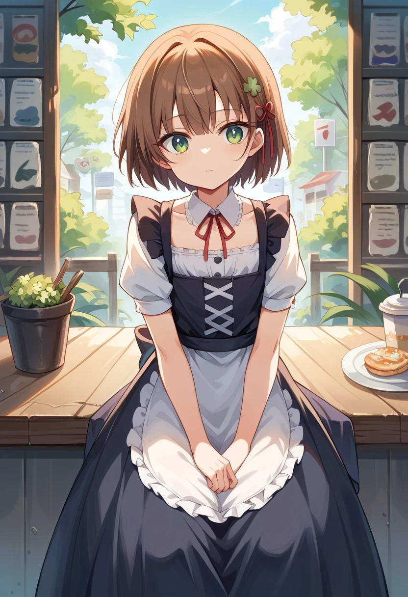 ( surreal), (8k), ( very detailed), (  best illustration  ), Cafe。 maid clothes。.Flat chest。。 short hair。Brown Hair。 large red ribbon barrette。 four-leaf clover on clothes 。adult。In front of Kanekusai 。 LONG SKIRT 