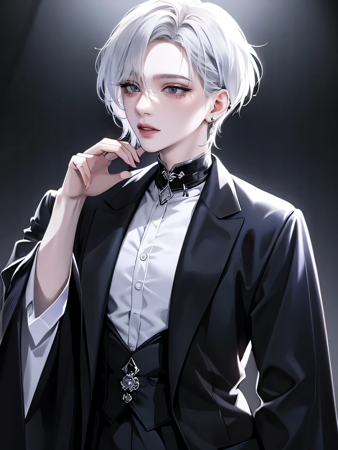 One Beautiful woman、light Silver short hair、Hairstyle with black end color、Light blue eyes、anime makeup、"A woman with a cute and androgynous face"、white skin、cute eyes、Very thin eyebrows、tall、stylish black gothic fashion、long sleeves long pants、Winter clothes、19 years old、Japanese-Korean half man、Has a languid look、anger、Lower the corners of your mouth with no expression on your face、Photographed from the side diagonally、model photoshoot、masterpiece、highest quality、high resolution、fantasy、glaring expression、korean makeup、Wear a lot of piercings、Cool photos、blurred black filter、Various poses、blue filter、SeventeenのJEONGHANに似た顔、JEONGHAN、Seventeen