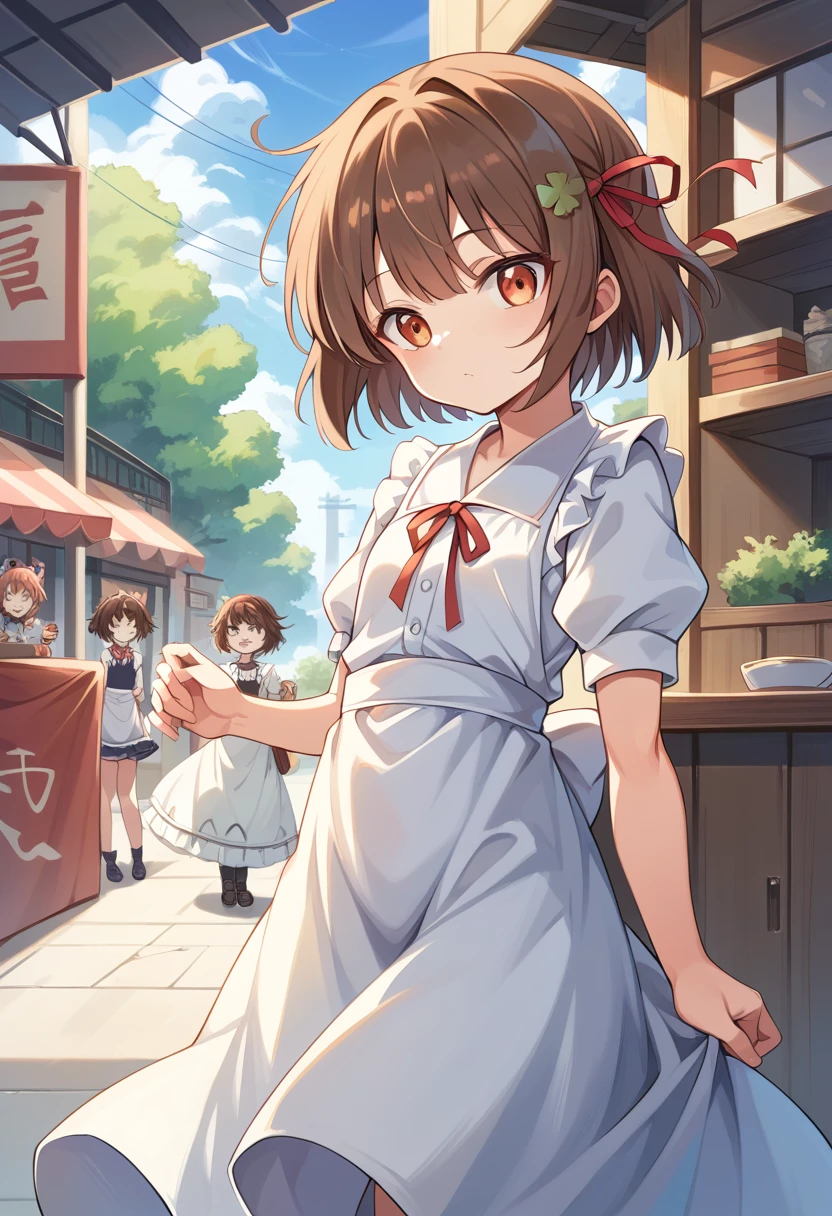 ( surreal), (8k), ( very detailed), (  best illustration  ), Cafe。 maid clothes。.Flat chest。。 short hair。Brown Hair。 large red ribbon barrette。 four-leaf clover on clothes 。adult。In front of Kanekusai 。 LONG SKIRT 。underwear