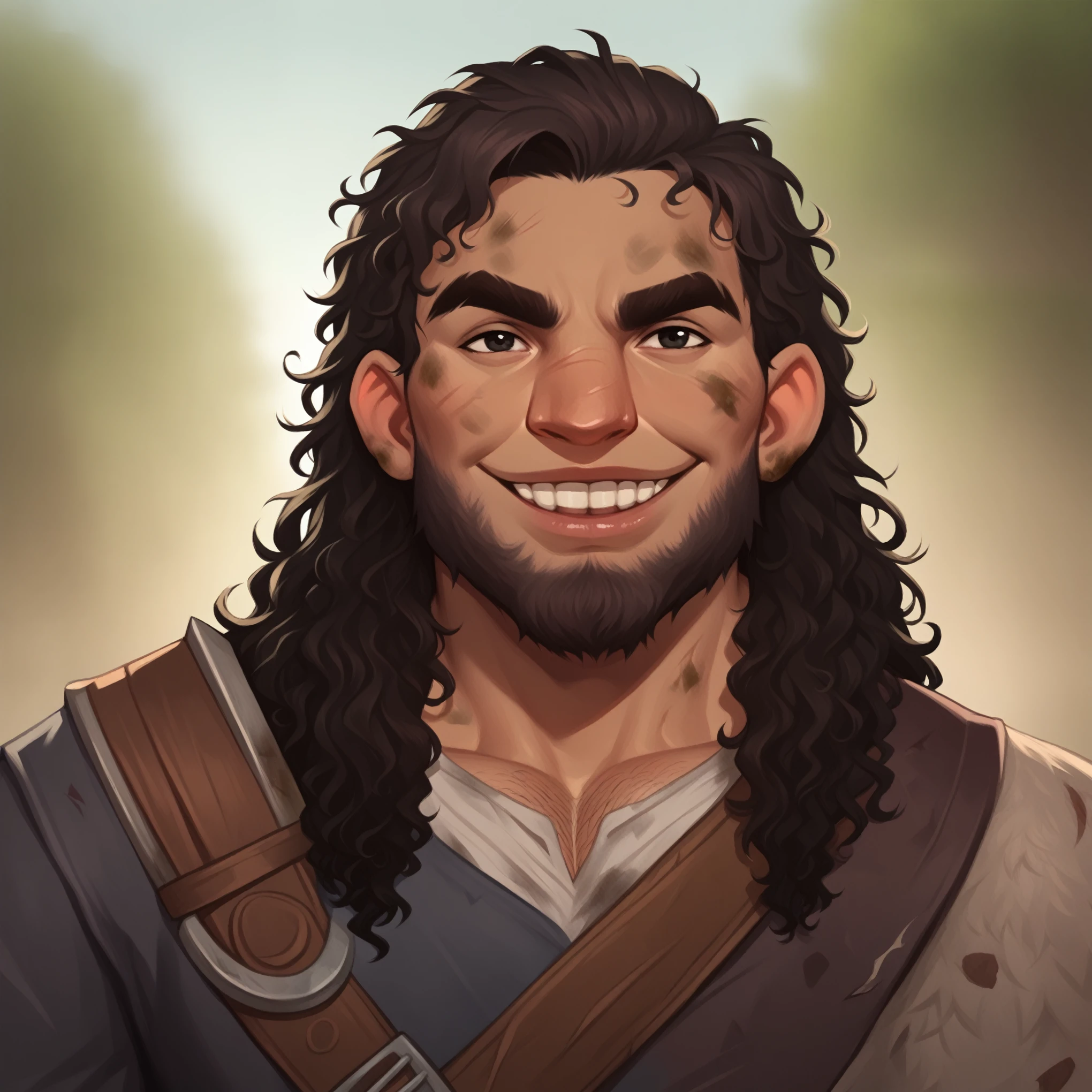 (((beautiful, high quality, comics style, detailed face))), score_9, score_8_up, score_7_up, BREAK, giant, a male barbarian:1.3, high stature, big nose, dark curly hair, messy voluminous hair, ((short dark beard)), (((muscular))), ((wide shoulder)), (((mature man:1.1))), tanned skin, ((bushy eyebrows)), small black eyes, hairy body, solo, portrait, upper body, portrait, facing viewer, silly smile, bearing teeth, goofy expression, ((barbarian clothes, dirty)), fantasy outside, blurred background, Expressiveh, detailxl