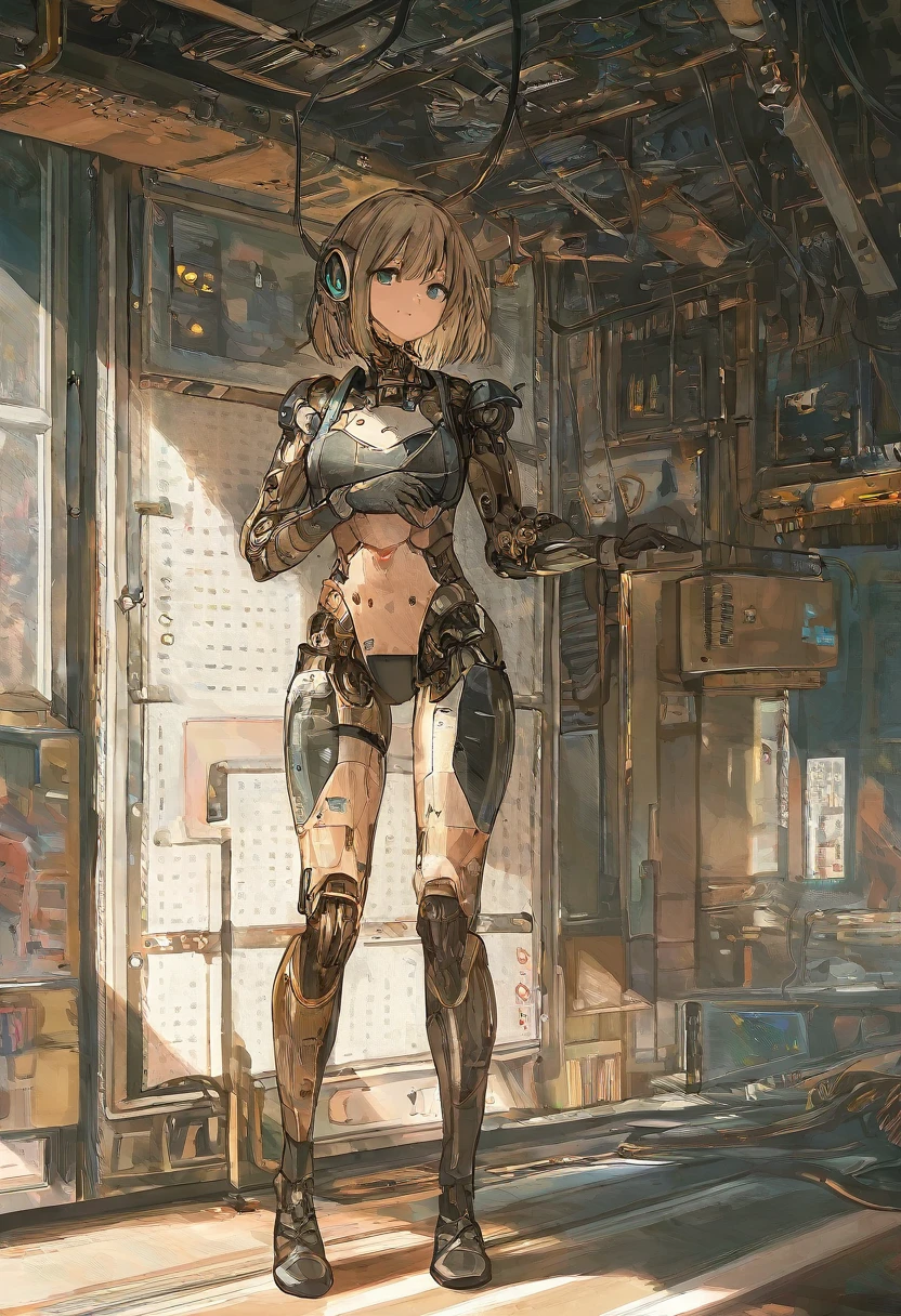 intricate art work, detailed illustration, masterpiece:1.5, super resolution , 1girl ,solo, full body, mechanic body, android body, in future city avenue,