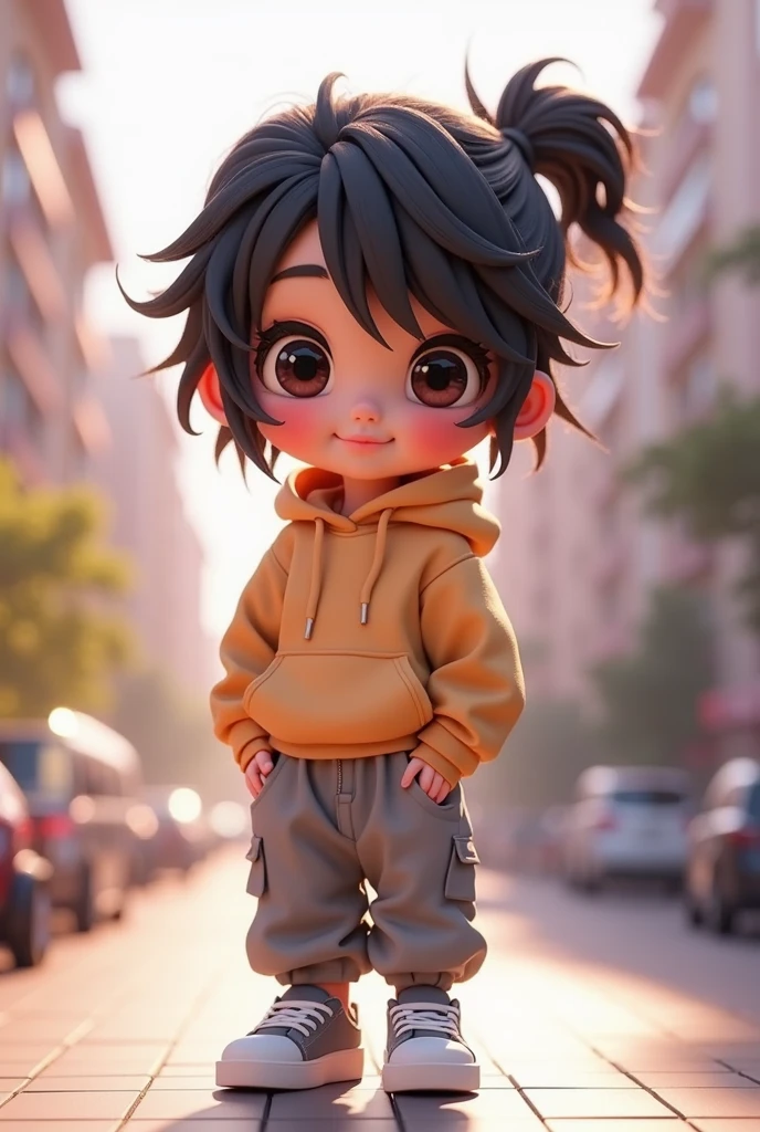 (masterpiece),(best quality),(ultra-detailed), (full body:1.2), a boy, chibi, cute, smile, open mouth, outdoors, dancing, dancing hip hop, jumping pose, hoodie, blush, tree, :3, shirt, short hair, brown hair, blush stripes stickers, long sleeves, black hair, sneakers, pants, (beautiful detailed face), (beautiful detailed eyes),