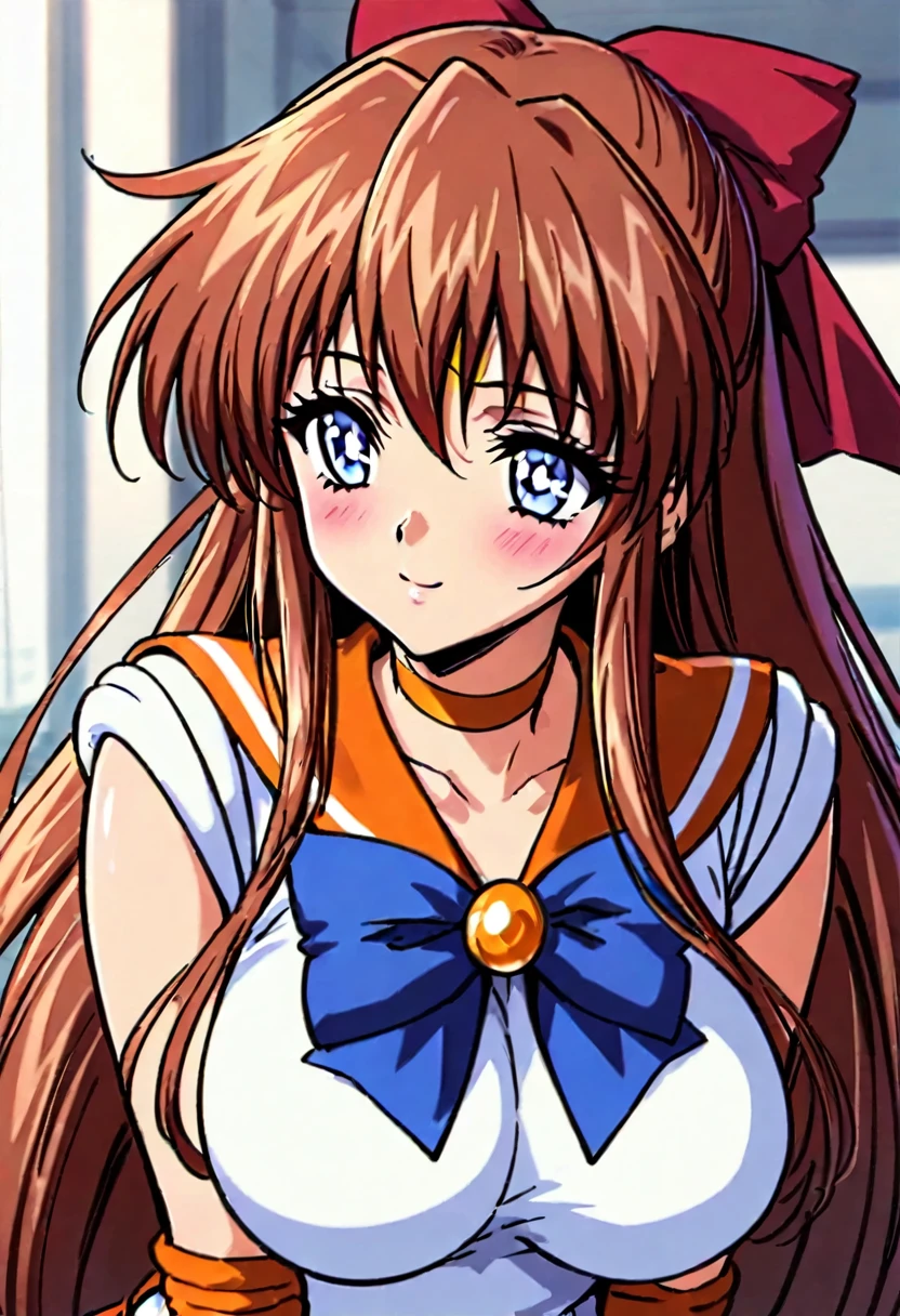 KanzakiAoi, masterpiece, best quality, good quality, girl, solo, long hair, brown hair, blue eyes, large breasts, hair ribbon, smile, blush, sailor venus costume,