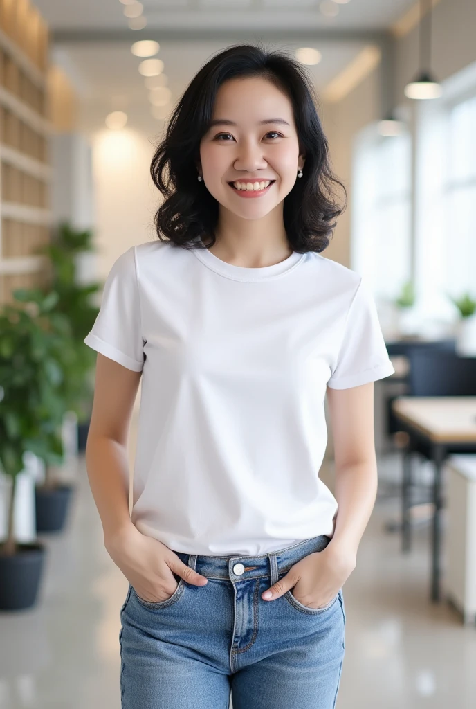 A high-resolution, photorealistic, smiling, front-facing image of an East European woman, wearing a plain white t-shirt and jeans. The woman is smiling, standing straight with a relaxed posture and a neutral expression. The scene is set against a [modern office interior] background with [soft ambient light]. The t-shirt is smooth, with minimal folds, ideal for overlaying designs. The image captures the entire body from head to toe, with realistic lighting and detailed textures.