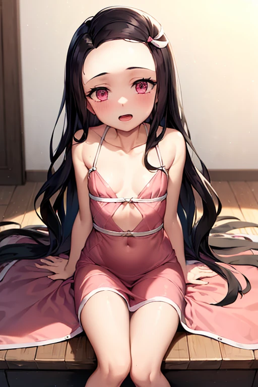 ((Best Quality)), ((masterpiece)), (be familiar with),  perfect face, indoor, bedroom,  watching viewers,
One woman, Kamado Nezuko,
 characters with open mouth ,  ecstatic expression , blush, smile,
Small breasts,  flat chest, , ,  kids, Girl,
Long Hair,  long hair ,
Leg spread,