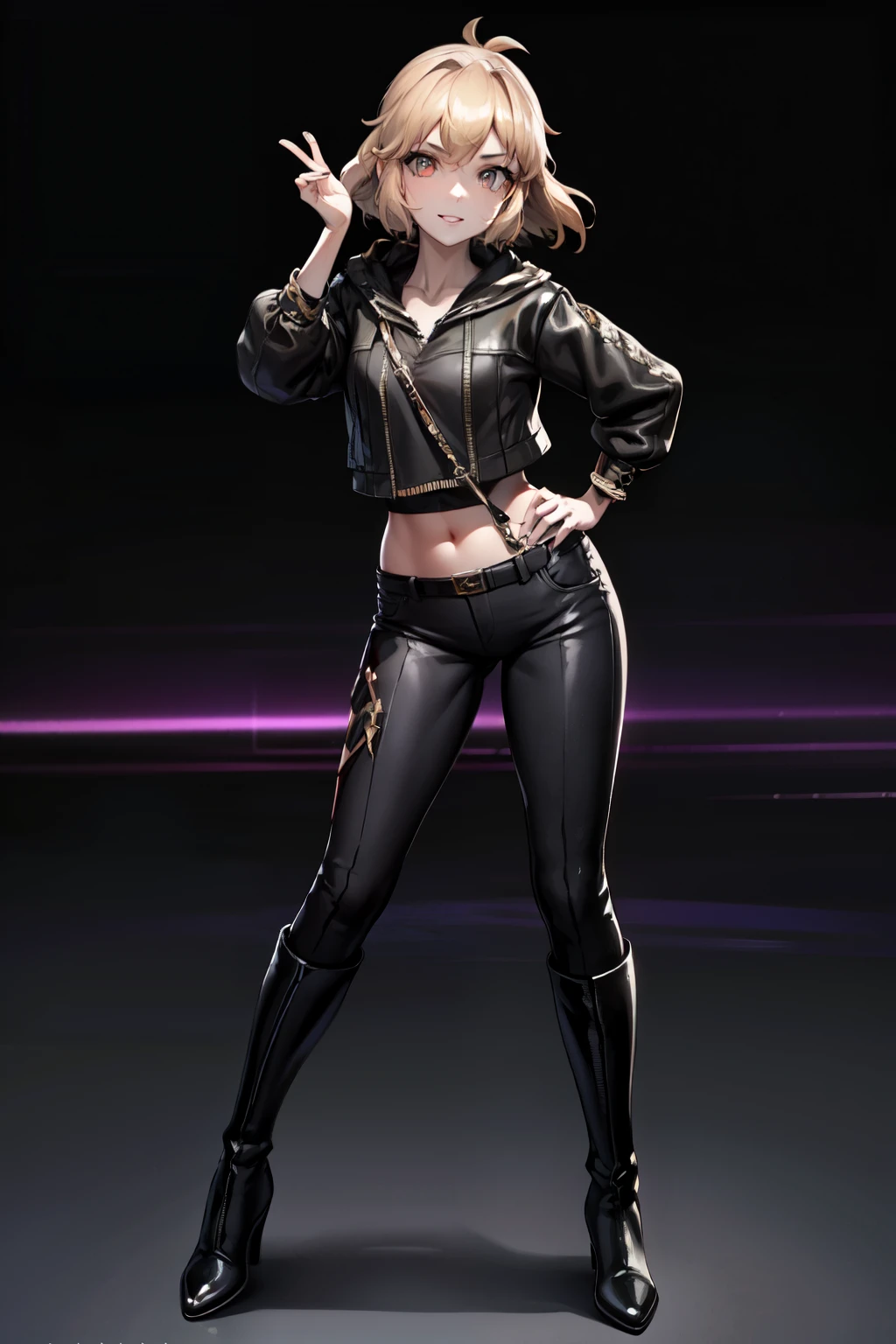 Beautiful Girl, Full body,  eyes with slit pupils, small breasts,  ((Pose Seductive:1.0)), Black eyeshadow, (street style wear:1.2), ((Tight-fitting pants)), ((Knee High Leather Boots)), (dark city night black background:1.4),  (light_Smile:1.0), Dark makeup, Digital Art, Trending on ArtStation, Highly detailed, Fine detail, Convoluted, Beautiful detailed glow, Detailed, Cinematic Light, hight resolution, detailed facial features, Sharp Focus, Smooth, Aesthetic,