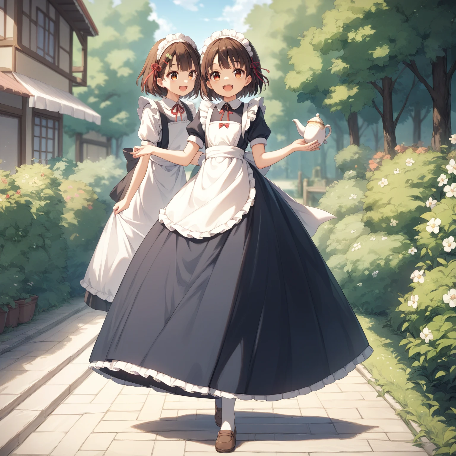 Walking on the prairie。Flat chest。 wearing stockings、Very smiling。 is laughing。 from the front 。 maid, holding a teapot in her right hand。Four-leaf clover on clothes 。 large red ribbon barrette 。 short hair。 LONG SKIRT 