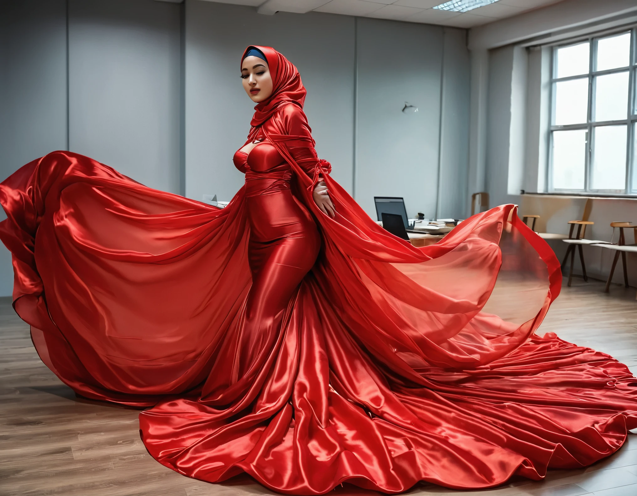 A woman shrouded in a 8-meter-long, plush red transparent satin cloth, slim body with big breast,tightly bound and grandly draping along the form of her body, flowing off into a pooled floor-length train, styled in a mermaid-inspired outfit, her head modestly veiled in a satin hijab, dancing in office, a full-body pose conveying a sense of elegance, captured in a 4k resolution, ultra-realistic