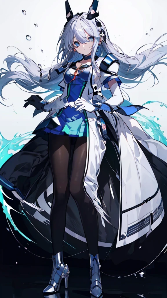 Symphonic_sugar,light blue hair,navy blue eyes,hair ornament,long hair,white long_glove,light blue short dress,black pantyhose,high heel, small,
((Blake full body)),
 Break White Backgrounds ，Break from below ， Look Down，Lower your gaze，
 breaks dynamic shots，Kung Fu Pose，Best Quality,  high definition,  unity 8k Wallpaper , (shape:0.8), ( beautiful detailed eyes:1.6),  high-definition face ,  perfect sentence ,  CG in detail, (Perfect hands,  COMPLETE ANATOMY),