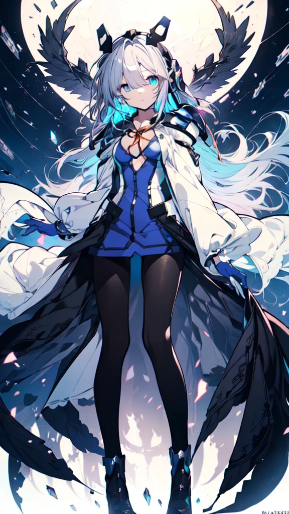 Symphonic_sugar,light blue hair,navy blue eyes,hair ornament,long hair,white long_glove,light blue short dress,black pantyhose,high heel, small,
((Blake full body)),
 Break White Backgrounds ，Break from below ， Look Down，Lower your gaze，
 breaks dynamic shots，Kung Fu Pose，Best Quality,  high definition,  unity 8k Wallpaper , (shape:0.8), ( beautiful detailed eyes:1.6),  high-definition face ,  perfect sentence ,  CG in detail, (Perfect hands,  COMPLETE ANATOMY),