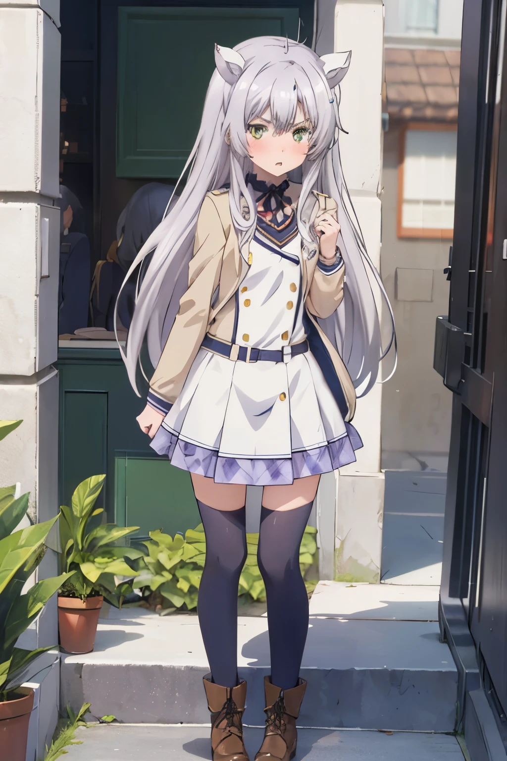 (super high resolution), solo, 1girl, silver hair, cat ears, green eyes, school uniform, intensive blushes, flat chest, looking at viewer, annoyed expression, standing, full body, central view