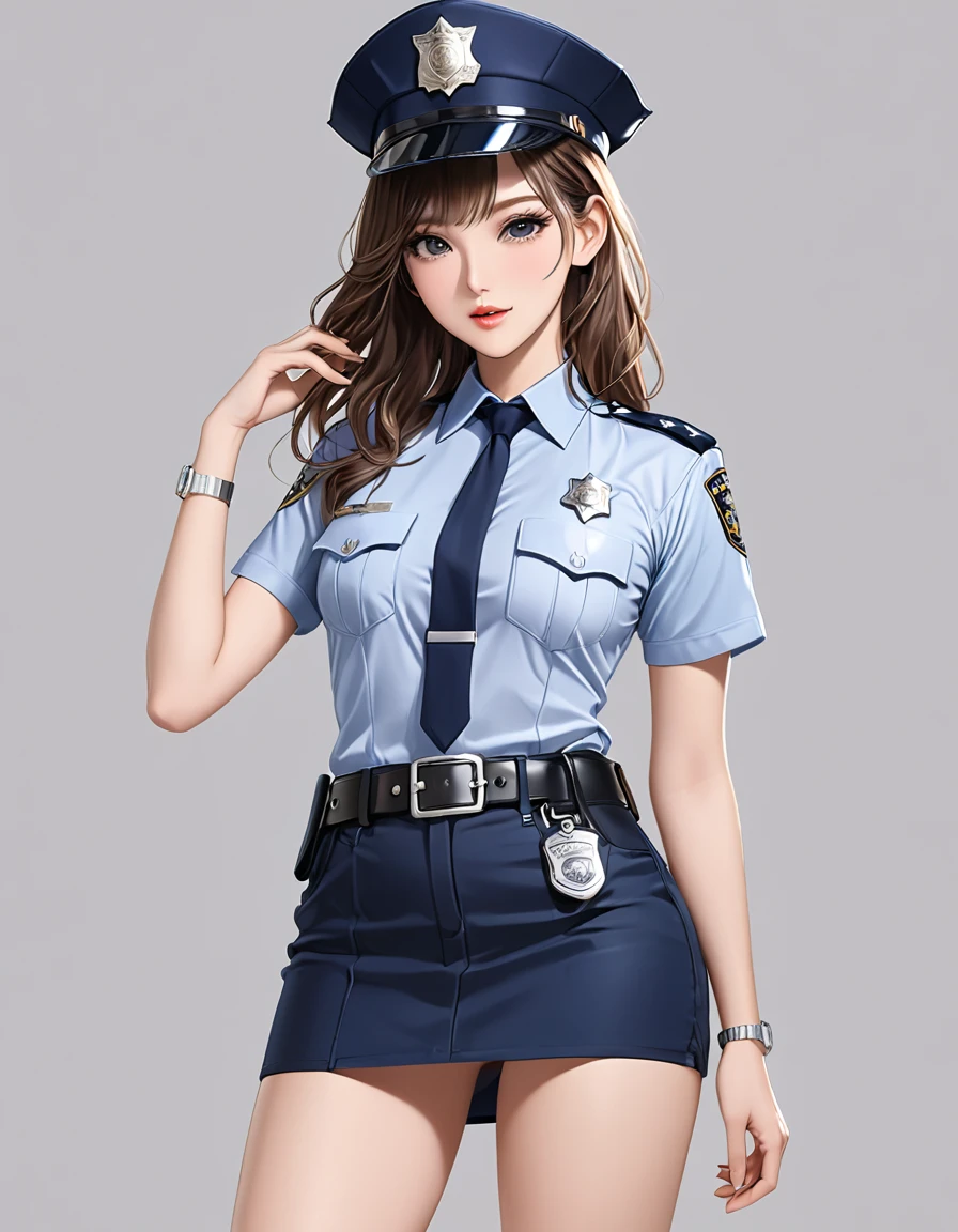 NSFW, high resolution image, best quality, Naked Korean beauty with hand over mouth１people,( beautiful face:1.2), shiny skin, delicate body,Small breasts, shiny hair,Ultra detailed round eyes ,(( simple background )),((short sleeve police shirt:1.2)),(( Ultra Miniskirt That Highlights Long Legs:1.2)),((Wear a police officer belt with a low waist:1.5)),((square silver buckle:1.5))(silver watch on the wrist:1.5),(police hat :1.2),( standing in a sexy pose:1.5),(Depicting the body from the knees up),( cowboy shot:1.3),24K,((Holding a beer:1.2)),(Freckles:0.5),((Being drunk:0.8)),(( short boots :0.5)),((Tears:1.2))