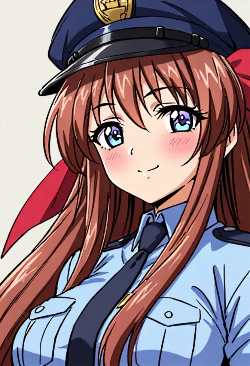 KanzakiAoi, masterpiece, best quality, good quality, girl, solo, long hair, brown hair, blue eyes, large breasts, hair ribbon, smile, blush, police uniform,