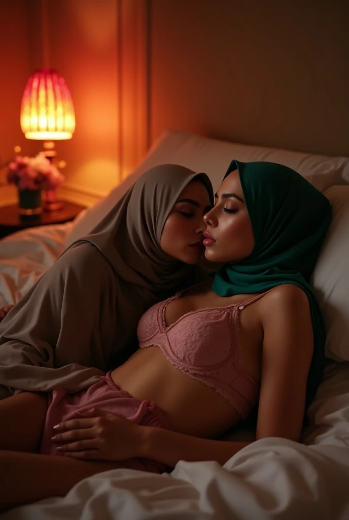 beautiful hijab indonesian lesbian girl laying down,bra and panties,hugging,french kiss,lesbian sex,view from far,,raining,front view ,medium breast,embracing