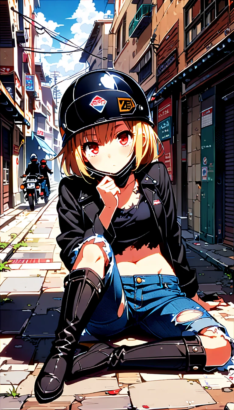 Lucy、Red eyes、 blond hair、サイドポニーテール
rest (Motocycle helmet 、 black jacket 、 Long Sleeve 、 open jacket 、neck mask 、Half Gloves、Black Shirt、Crop tops、Mid-Fifth、Black shorts、 denim pants 、 High Heel Boots 、Knee Boots、 torn shirt :1.5)
rest outdoors, city, null, cloud, sun, architecture, crowd, people々, alley,
rest looking at viewer, ( cowboy shooting :1.5),
rest (masterpiece:1.2), Best Quality,  high definition,  unity 8k Wallpaper , (Illustration:0.8), (beautiful deふとももed eyes:1.6), extremely deふとももed face, perfect lighting, extremely deふとももed CG, (Perfect hands,  perfect anatomical structure),