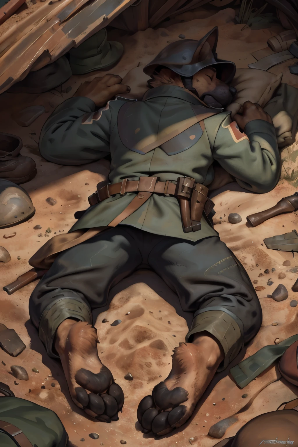 (ultra quality):1.4, color, smooth comics style, (by takemoto arashi, by meesh, by Taran Fiddler), solo:1, (sleeping)) ((blackfeetsoles)) ((black feetsoles)) ((knockout face)) did a german shephard in the german soldier uniform without shoes.
He is dead in the trench, lying on the back, closed eyes, tonque stuck out of the mounth, defeated on the floor after a fight, exhausted, closed eyes, tonque out of the mounth , ((feet focus)) fluffy tail. Battlefield (uniform germans world war 1)) ((world war 1))  ((ww1)) ((black feetsoles)) ((black pawpads)) (five toes) 5toes, 5finger 
