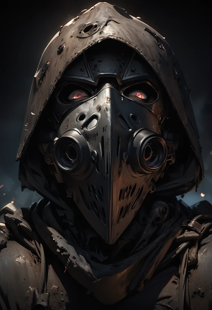  masterpiece, 4K, front,  upper body,  game,  Welder's Mask , Face hidden in a mask , Have a shotgun, big eye mask , (( big gas max)), Dirty figure,  simple background 