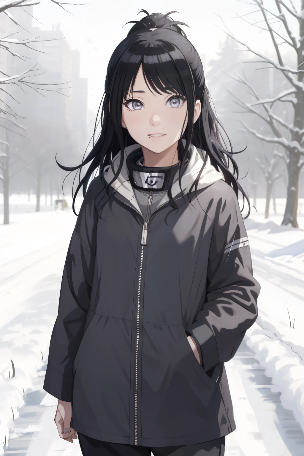 an hiperealistic shot of hinata(shippuden), ((hiori kazano)), idolmaster, Detailed eyes,  long hair, ponytail, half updo, hair ornament,, (sweet woman), manwha style, in a snowy field, happy, smilling