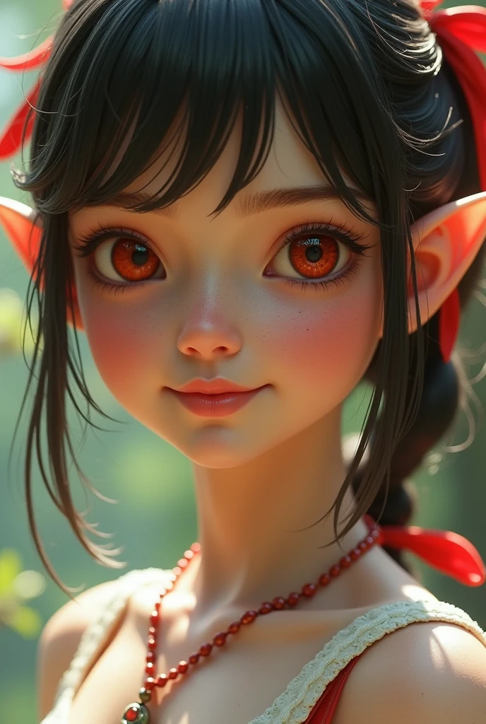 Super realistic illustration, Cinema 4D rendering, 1 elven girl, solo, detail face, fine skin, detail eyes, beautiful eyes, smile, black hair, short ponytail with red ribbons, red eyes with snake pupils, pointy ears, close up to face