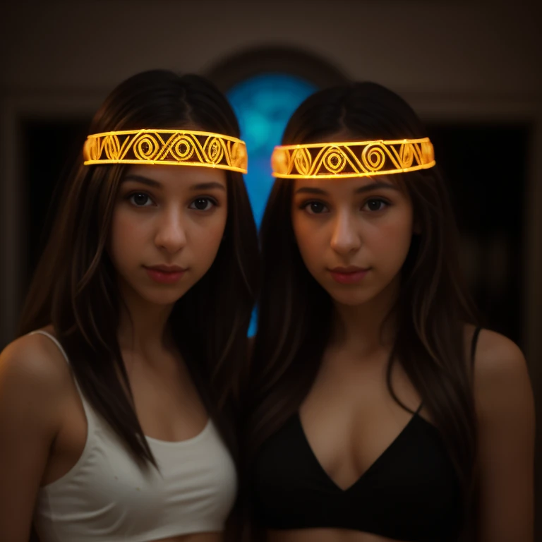 halo de NEON luminoso, there are two HILDREN GIRLS WITH BLONDE HAIR in front of a ring of fire,