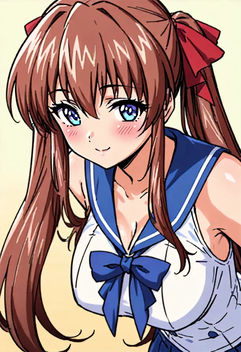 KanzakiAoi, masterpiece, best quality, good quality, girl, solo, long hair, brown hair, blue eyes, large breasts, hair ribbon, smile, blush, marine sailor