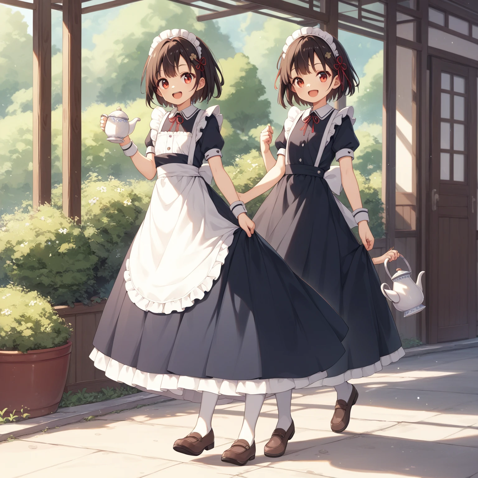 Walking on the prairie。Flat chest。 wearing stockings、Very smiling。 is laughing。 from the front 。 maid, holding a teapot in her right hand。Four-leaf clover on clothes 。 large red ribbon barrette 。 short hair。 LONG SKIRT 