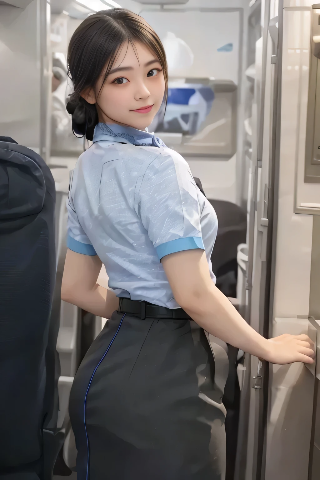 (masterpiece:1.2, Best Quality:1.2), 32kHDR,  high definition, (Alone、 1 girl)、（Rooftop of a building during the day、 professional writing ）、With the roof of the building in the background 、（ANA flight attendant uniform blueを着たリアルスタイル）、（（ANA flight attendant uniform blue blue short sleeve blouse  、 ANA FLIGHT ATTACENT UNIFORM BLUE SKIRT WITH A BLUE LINE IN THE BACK、 scarf around the neck ））、 Dark brown hair 、（Long Hair、Hair tied up、Hair tied up）、 Dark brown hair 、Long Hit、Big Breasts、Thin legs、（（Great hands：2.0）），（（ Harmonious Body Proportions ：1.5）），（（Normal limbs：2.0）），（（Usually refers to：2.0）），（（ Delicate Eyes：2.0）），（（Normal eyes：2.0））)、smile、（ANA flight attendant uniform blueを見せた美しい後ろ姿）、Hands clasped underneath