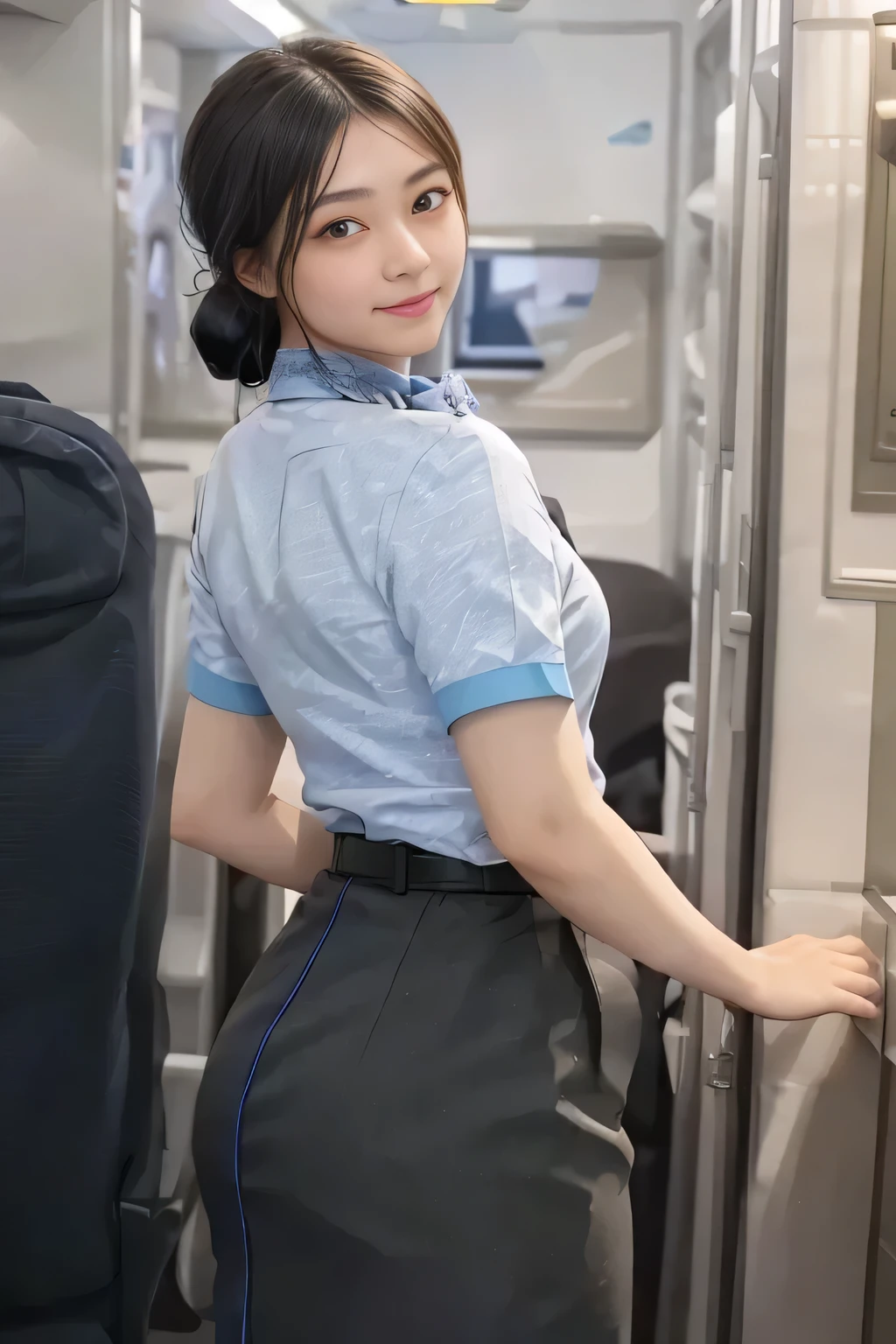 (masterpiece:1.2, Best Quality:1.2), 32kHDR,  high definition, (Alone、 1 girl)、（Rooftop of a building during the day、 professional writing ）、With the roof of the building in the background 、（ANA flight attendant uniform blueを着たリアルスタイル）、（（ANA flight attendant uniform blue blue short sleeve blouse  、 ANA FLIGHT ATTACENT UNIFORM BLUE SKIRT WITH A BLUE LINE IN THE BACK、 scarf around the neck ））、 Dark brown hair 、（Long Hair、Hair tied up、Hair tied up）、 Dark brown hair 、Long Hit、Big Breasts、Thin legs、（（Great hands：2.0）），（（ Harmonious Body Proportions ：1.5）），（（Normal limbs：2.0）），（（Usually refers to：2.0）），（（ Delicate Eyes：2.0）），（（Normal eyes：2.0））)、smile、（ANA flight attendant uniform blueを見せた美しい後ろ姿）、Hands clasped underneath