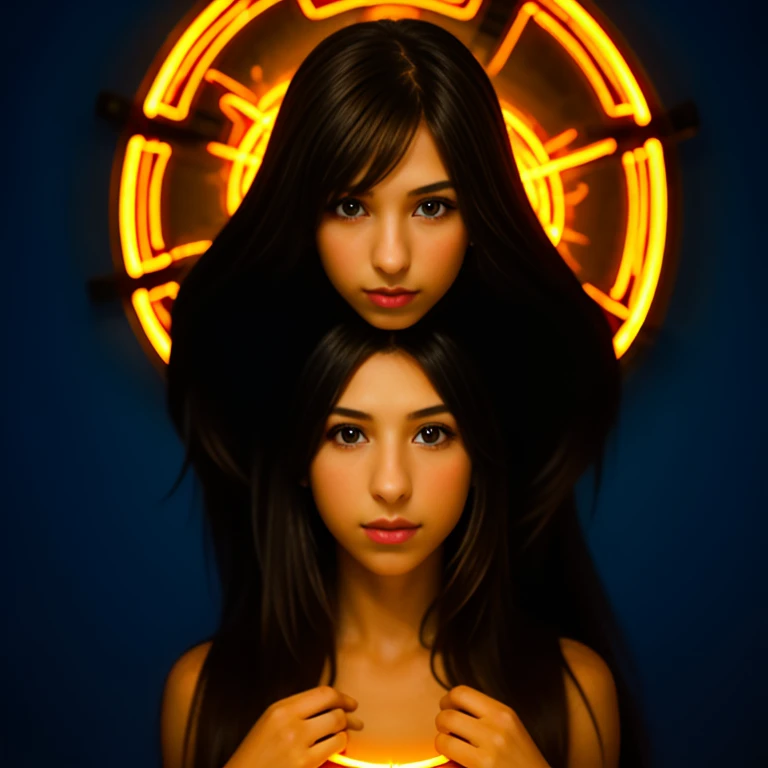 halo de NEON luminoso, there are two HILDREN GIRLS WITH BLONDE HAIR in front of a ring of fire,