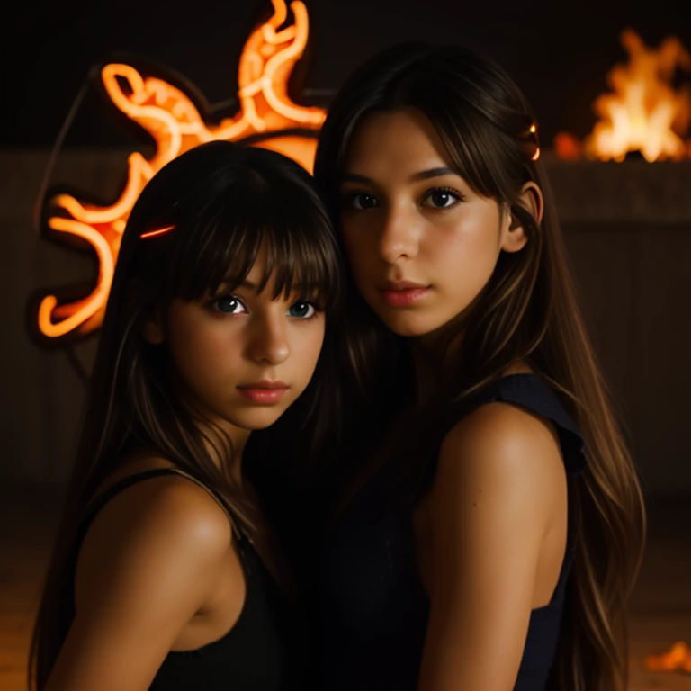 halo de NEON luminoso, there are two HILDREN GIRLS WITH BLONDE HAIR in front of a ring of fire,