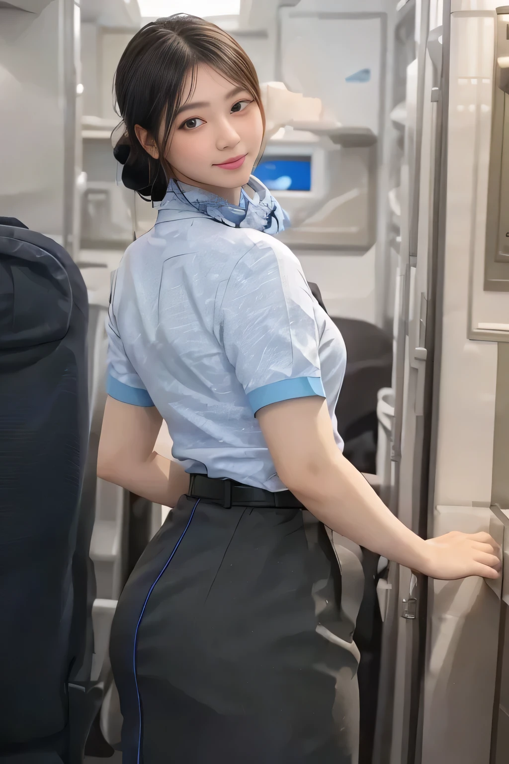 (masterpiece:1.2, Best Quality:1.2), 32kHDR,  high definition, (Alone、 1 girl)、（Rooftop of a building during the day、 professional writing ）、With the roof of the building in the background 、（ANA flight attendant uniform blueを着たリアルスタイル）、（（ANA flight attendant uniform blue blue short sleeve blouse  、 ANA FLIGHT ATTACENT UNIFORM BLUE SKIRT WITH A BLUE LINE IN THE BACK、 scarf around the neck ））、 Dark brown hair 、（Long Hair、Hair tied up、Hair tied up）、 Dark brown hair 、Long Hit、Big Breasts、Thin legs、（（Great hands：2.0）），（（ Harmonious Body Proportions ：1.5）），（（Normal limbs：2.0）），（（Usually refers to：2.0）），（（ Delicate Eyes：2.0）），（（Normal eyes：2.0））)、smile、（ANA flight attendant uniform blueを見せた美しい後ろ姿）、Hands clasped underneath