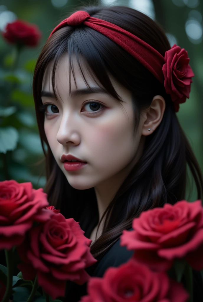 A hauntingly beautiful close-up of a young East-Asian woman in a dark, mystical garden surrounded by deep red roses. She has long, wavy dark hair adorned with a red headband, which resembles a fabric scarf or cloth tied elegantly around her head, adding a subtle yet striking detail to her appearance. Her gaze is intense and melancholic, with large, expressive eyes that seem to hold a hidden story. Her skin is pale, almost porcelain-like, contrasting against her dark attire and the rich reds of the roses surrounding her.

The lighting is soft and moody, casting gentle shadows that add depth to her features and enhance the gothic, surreal atmosphere. The background is softly blurred, focusing attention on her delicate expression and the vibrant, textured roses in the foreground. The overall color palette is dark and muted, with the red hues of the headband and roses adding a dramatic intensity. The composition evokes a sense of mystery and romance, blending 