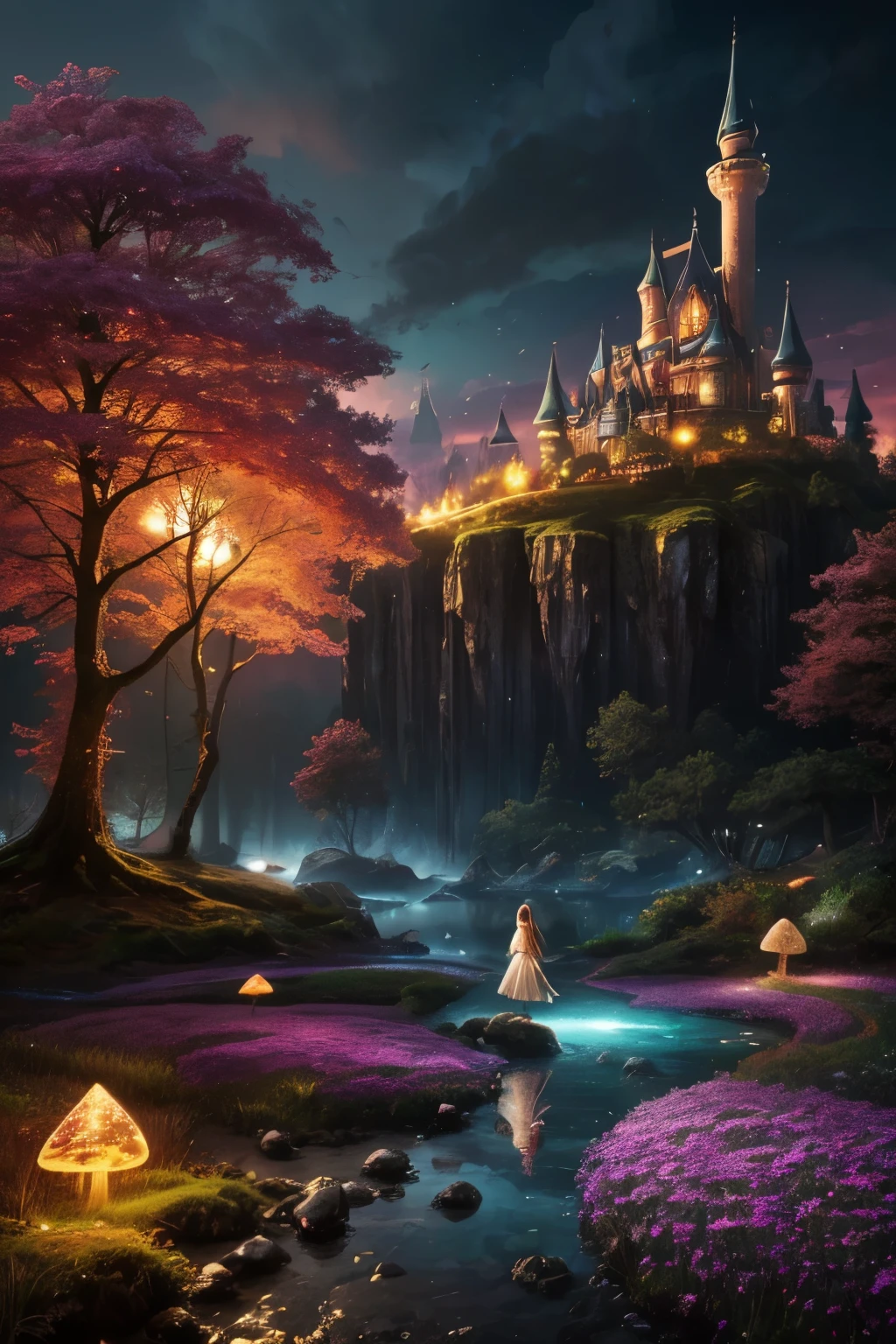 A dreamlike fantasy landscape, a surreal forest with glowing mushrooms, floating islands, and a whimsical castle in the distance, 1girl, detailed face, beautiful eyes, long hair, detailed dress, walking through the mystical scenery, (best quality,4k,8k,highres,masterpiece:1.2),ultra-detailed,(realistic,photorealistic,photo-realistic:1.37),fantasy,surreal,dreamscape,magical,ethereal,glowing,vibrant colors,dramatic lighting