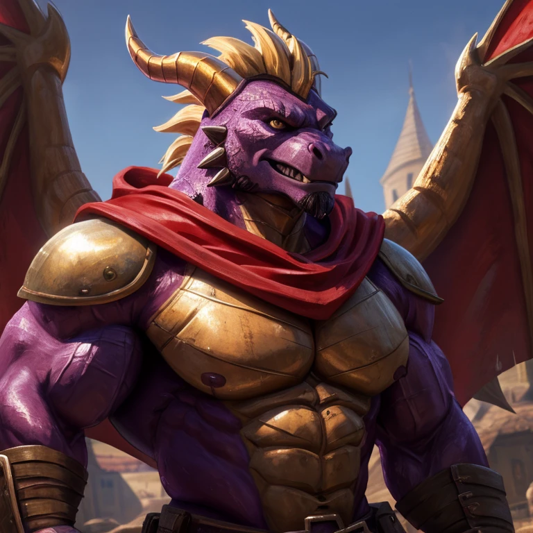 muscular dragon anthro male, spyro, dark medieval fantasy, detailed genitalia, big testicles, big penis, naked, 2 Horns, 2 Wings, hyper realistic, Golden Eyes, scar over one eye, proud, impressive, sweat, (best quality,4k,8k,highres,masterpiece:1.2),ultra-detailed,(realistic,photorealistic,photo-realistic:1.37),intricate details, hyper detailed, sharp focus, extreme detail, muscular body, powerful dragon features, intense gaze, dramatic lighting, deep shadows, rich colors, vibrant palette, steaming muscles, Hero, intimidating, battle-hardened, muscular shoulder, muscular body, muscular belly, background is a medival town, bulking muscles, powerful, fighter, Hero, Sixpack, Red Cape, seductive sexualized pose