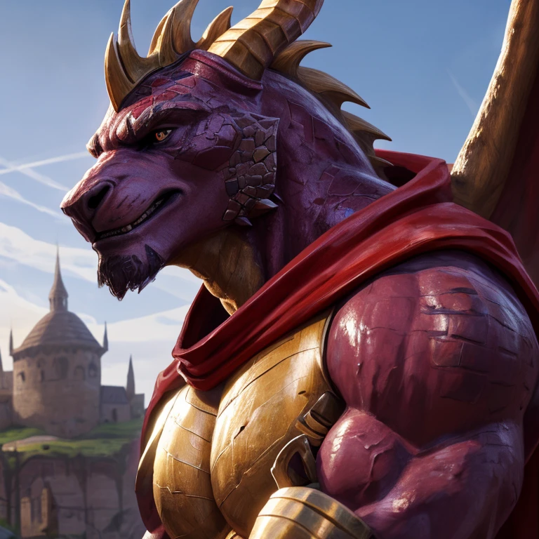 muscular dragon anthro male, spyro, dark medieval fantasy, detailed genitalia, big testicles, big penis, naked, 2 Horns, 2 Wings, hyper realistic, Golden Eyes, scar over one eye, proud, impressive, sweat, (best quality,4k,8k,highres,masterpiece:1.2),ultra-detailed,(realistic,photorealistic,photo-realistic:1.37),intricate details, hyper detailed, sharp focus, extreme detail, muscular body, powerful dragon features, intense gaze, dramatic lighting, deep shadows, rich colors, vibrant palette, steaming muscles, Hero, intimidating, battle-hardened, muscular shoulder, muscular body, muscular belly, background is a medival town, bulking muscles, powerful, fighter, Hero, Sixpack, Red Cape, seductive sexualized pose