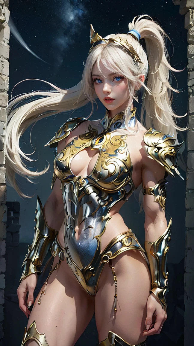 (((highest quality: 1.4))),(Obra maestra sin igual), ( Ultra High Definition),( ultra realistic 8k cg ), (((adult body))), (((1 girl in))), (((  short ponytail hair  ))),   perfect bodies ,, Beautiful and well-groomed face , ( muscular body :1.4), ( Saint Seiya God Pegasus fabric , headgear,  White hair ornament ), Detailed shell , the junker、He is standing, ( Image from head to thigh .),((  Short white blond hair  )),,  Simon Bisley's Urban Wild Style , Detailed ancient Roman background ,Abdominales limpios, Complex equipment,   gold with blue stars and gold and blue stripes ,  Pegasus fabric armor , Poison Tattoo,  ( Thin pink lips : 0.8)