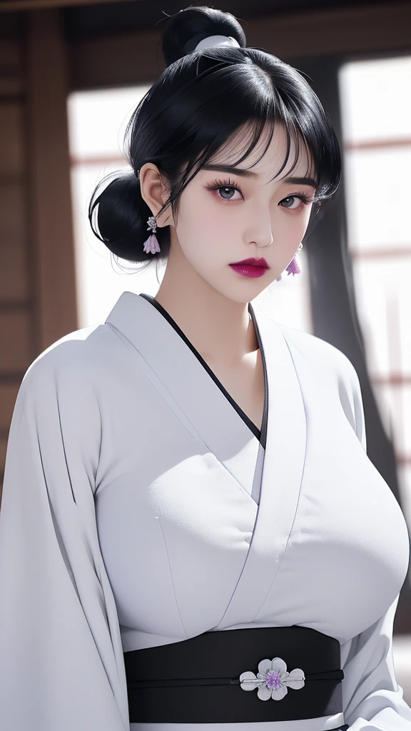 (（（figure，御姐figure,White and tender skin,（（（purple_Kimono,sash, shouji, shrine,japanese_clothes，）））,(（（black hair,Hair bun,lipstick,bangs,Black eyes,））),，((masterpiece)), highres ,((Best quality at best)),masterpiece,quality,Best quality,(（（  to the audience,Light in the eyes）））,Huge breasts,苗条figure,）））